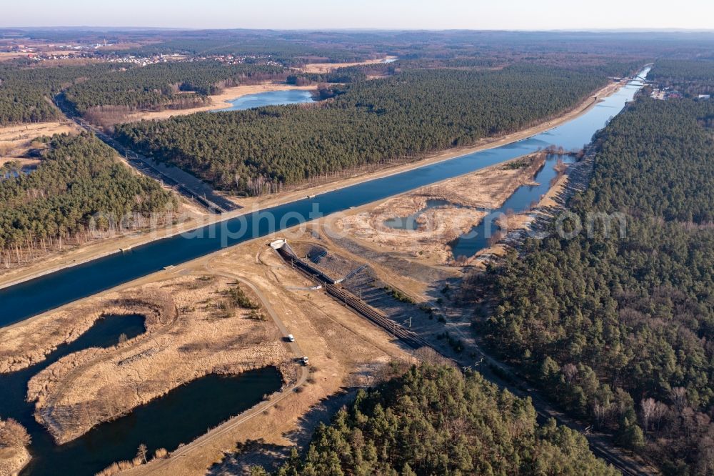 Aerial image Eberswalde - Channel flow and river banks of the waterway shipping Oder- Havel- Kanal in Eberswalde in the state Brandenburg, Germany