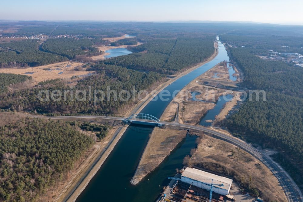 Eberswalde from the bird's eye view: Channel flow and river banks of the waterway shipping Oder- Havel- Kanal in Eberswalde in the state Brandenburg, Germany