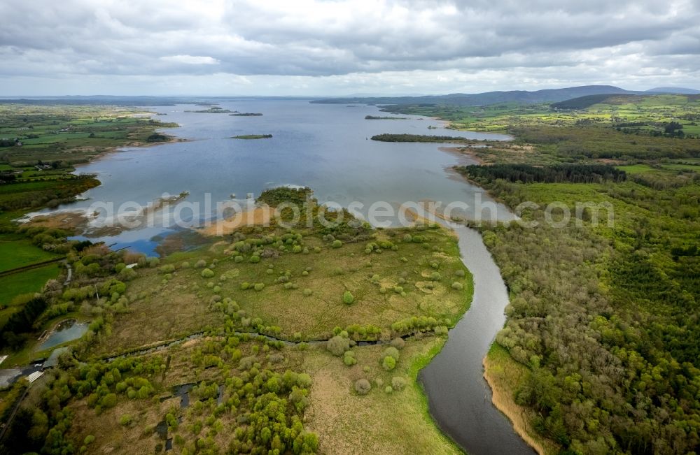 Scariff from the bird's eye view: Channel flow and river banks of the waterway shipping at the edge of the lake Lugh Derg in Scariff in Clare, Ireland