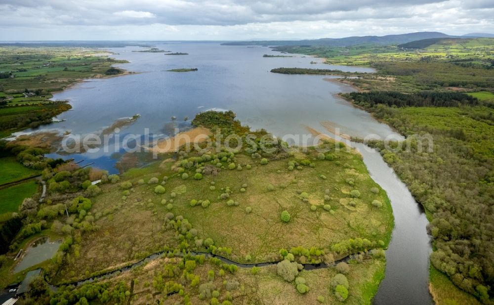 Aerial image Scariff - Channel flow and river banks of the waterway shipping at the edge of the lake Lugh Derg in Scariff in Clare, Ireland