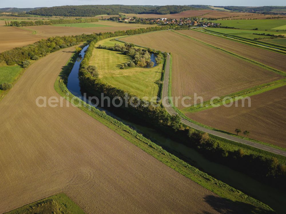 Wendelstein from above - Channel flow and river banks of the waterway shipping of Unstrut on street L214 in Wendelstein in the state Saxony-Anhalt, Germany