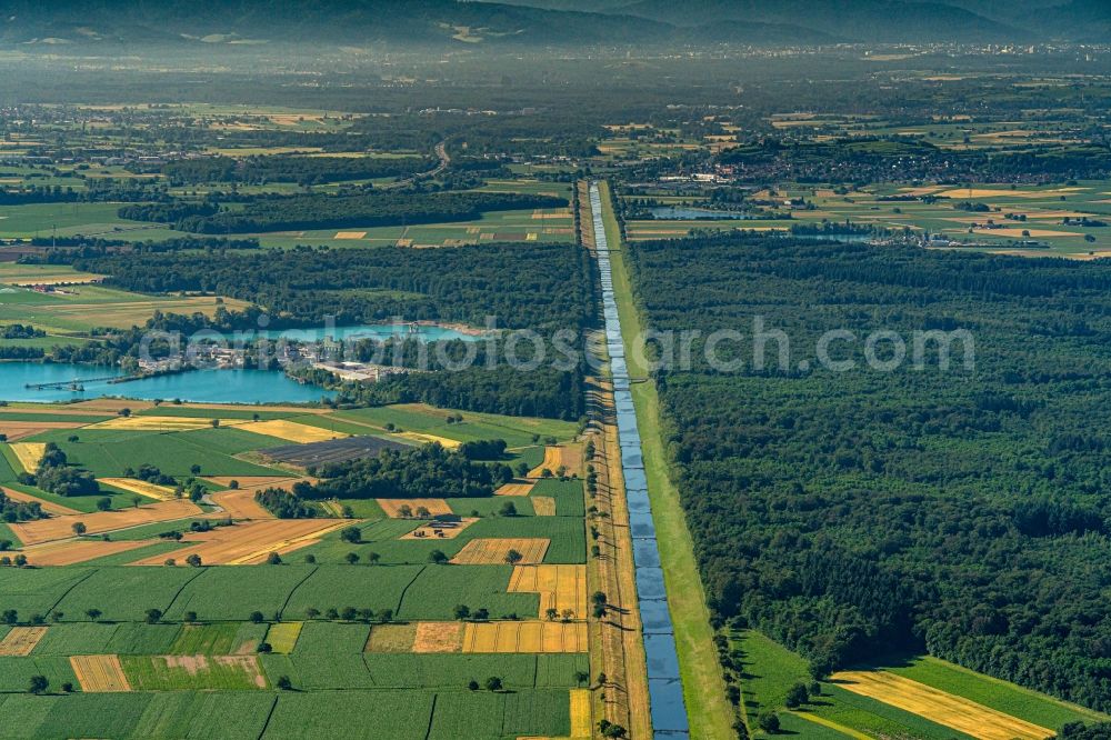 Rheinhausen from above - Channel flow and river banks of the waterway Elz in Rheinhausen in the state Baden-Wurttemberg, Germany