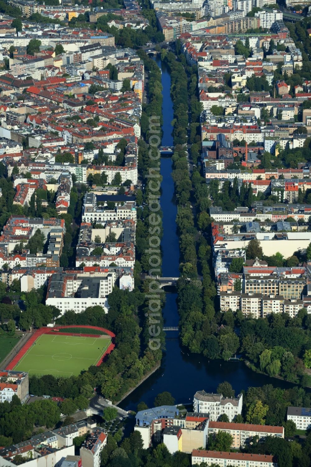 Berlin from above - Channel flow and river banks of the waterway shipping Landwehrkanal in the district Kreuzberg in Berlin, Germany