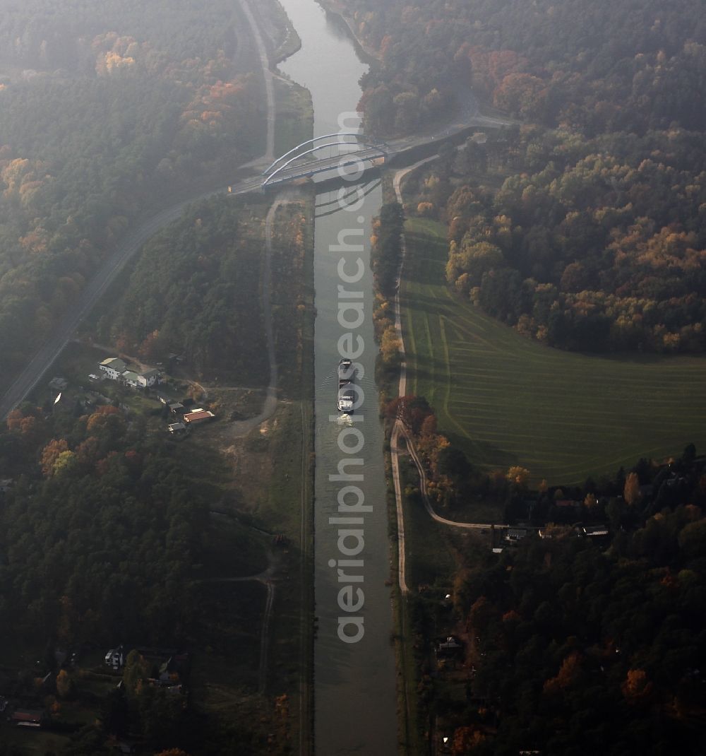 Eberswalde from above - Channel flow and river banks of the Oder Havel canal in Eberswalde in the state Brandenburg