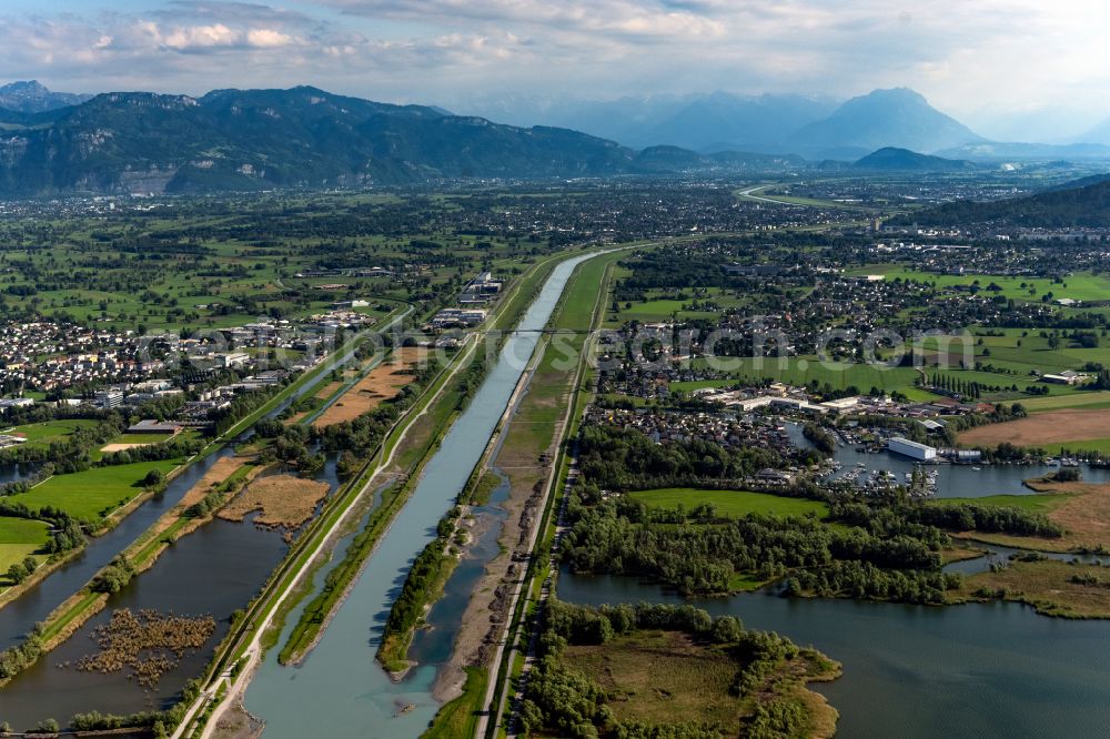 Hard from the bird's eye view: Canal course and bank areas of the waterway of the Rhine in Hard on Lake Constance in Vorarlberg, Austria