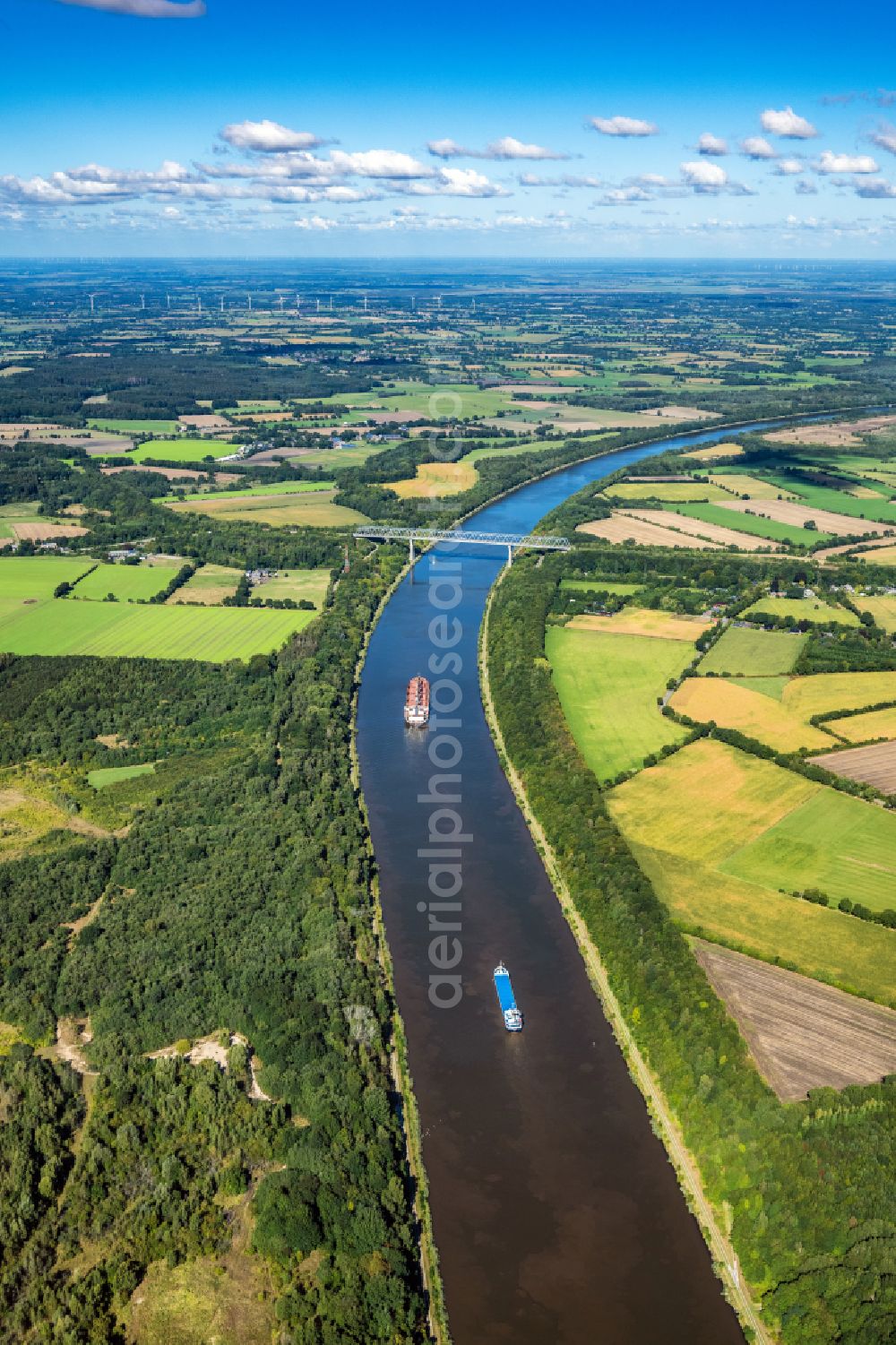 Grünental from above - Channel flow and river banks of the waterway shipping Nord-Ostsee-Kanal in Gruenental in the state Schleswig-Holstein, Germany