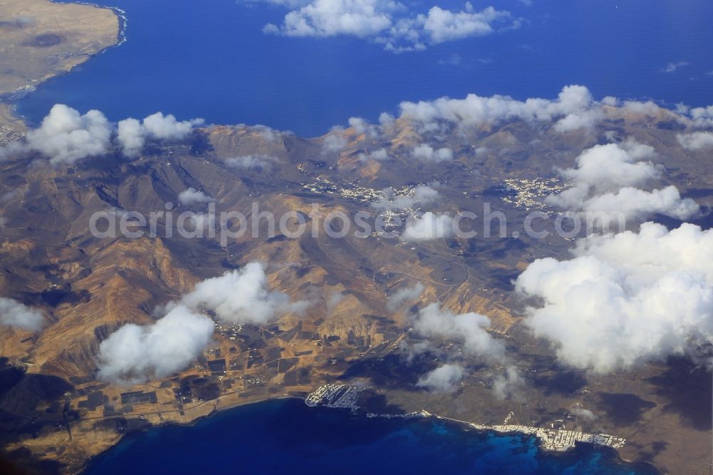 Haria from the bird's eye view: Coastal area and landscape of the Canary Island Lanzarote in the area of Haria in Canarias, Spain