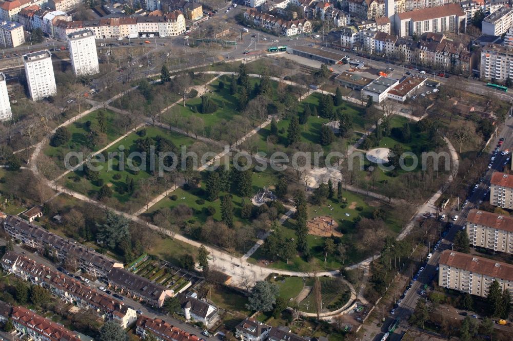 Basel from the bird's eye view: The largest park in Basel, Switzerland is the Kannenfeldpark close to the Kannenfeldplatz