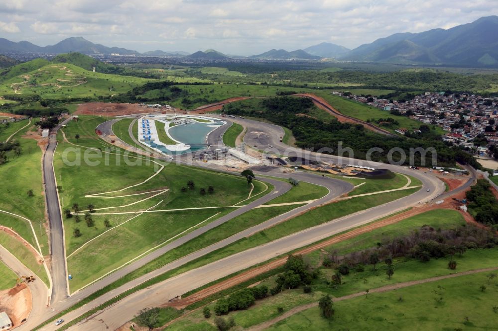 Aerial image Rio de Janeiro - Canoe race track at the Olympic Park before the summer playing games of XXXI. Olympics in Rio de Janeiro in Rio de Janeiro, Brazil