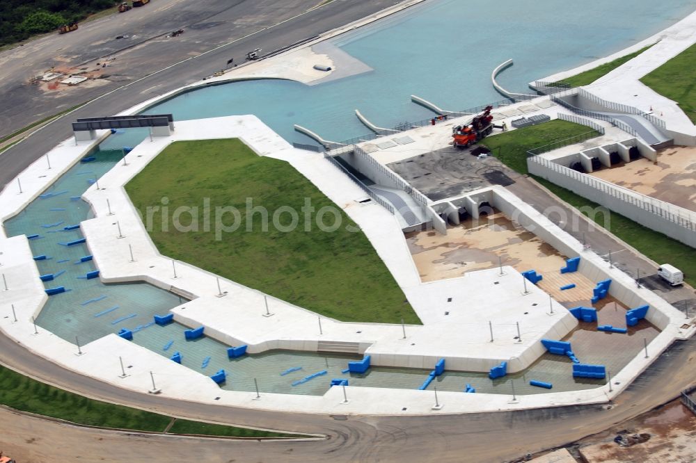 Aerial image Rio de Janeiro - Canoe race track at the Olympic Park before the summer playing games of XXXI. Olympics in Rio de Janeiro in Rio de Janeiro, Brazil