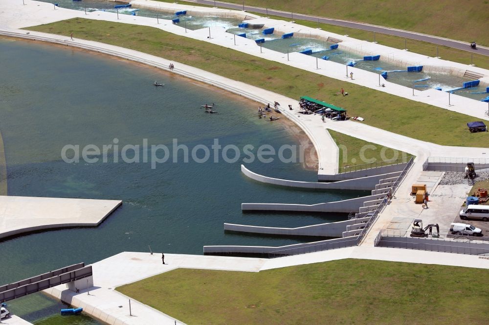 Aerial image Rio de Janeiro - Canoe race track at the Olympic Park before the summer playing games of XXXI. Olympics in Rio de Janeiro in Rio de Janeiro, Brazil