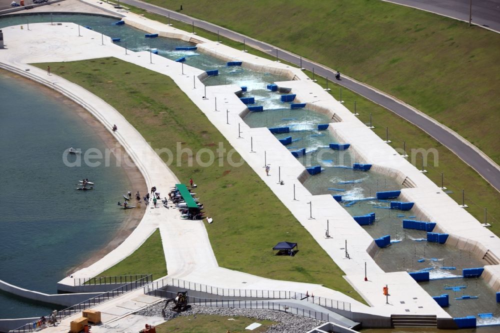Rio de Janeiro from above - Canoe race track at the Olympic Park before the summer playing games of XXXI. Olympics in Rio de Janeiro in Rio de Janeiro, Brazil