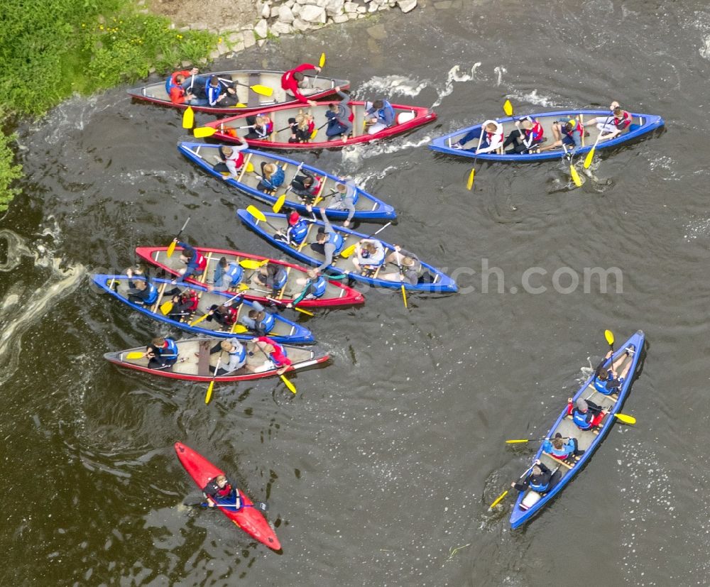 Hattingen from the bird's eye view: Canoe - Sport Boat - riders on the Ruhr in Hattingen in the state of North Rhine-Westphalia