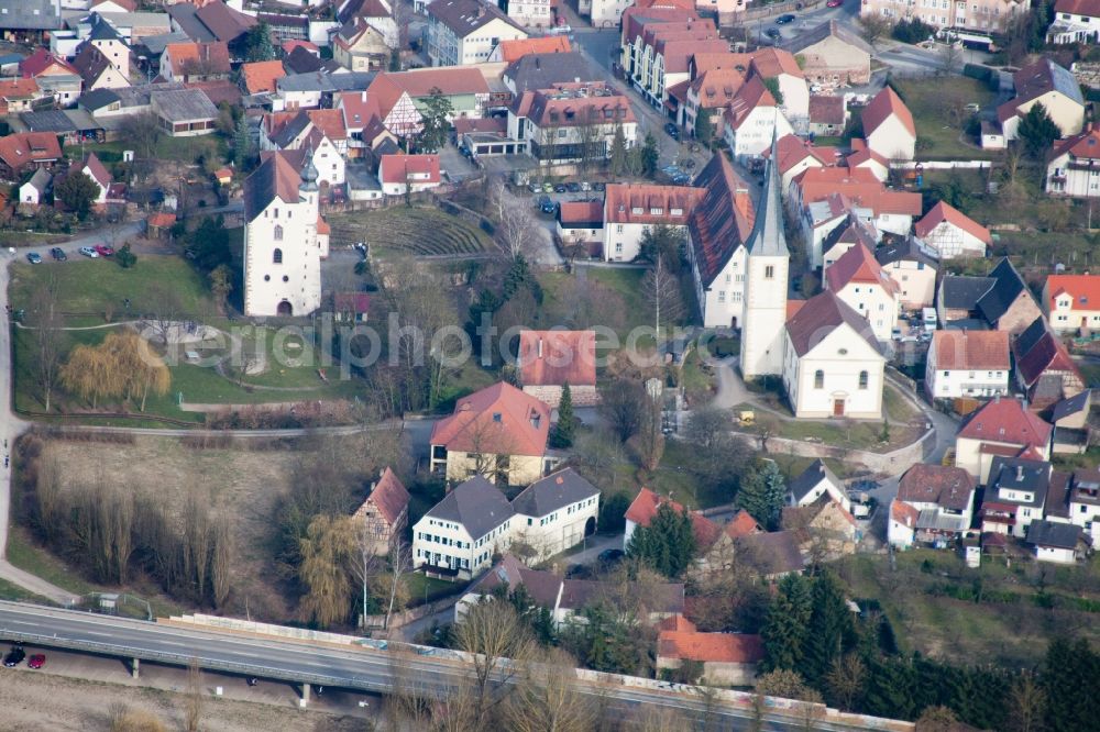 Aerial photograph Mosbach - Churches building the chapel Tempelhaus Neckarelz in the district Neckarelz in Mosbach in the state Baden-Wuerttemberg