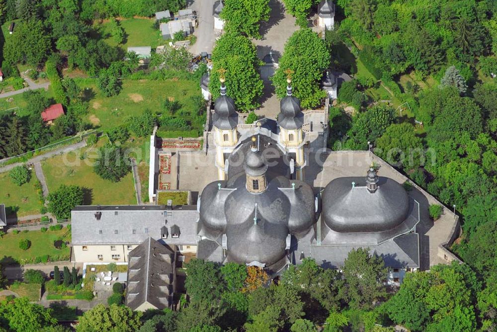 Würzburg from above - Blick auf das Käppele (Kapuzinerkloster) am Nikolausberg/Leutfresserweg. Die Wallfahrtskirche auf dem Nikolausberg wurde nach Plänen von Balthasar Neumann 1748 –1752 unter Einbeziehung einer bereits bestehenden Kapelle erbaut. Tel : 0 931 / 7 26 70; Fax: 0931-7843872 ; eMail: wuerzburg@kapuziner.org; http://