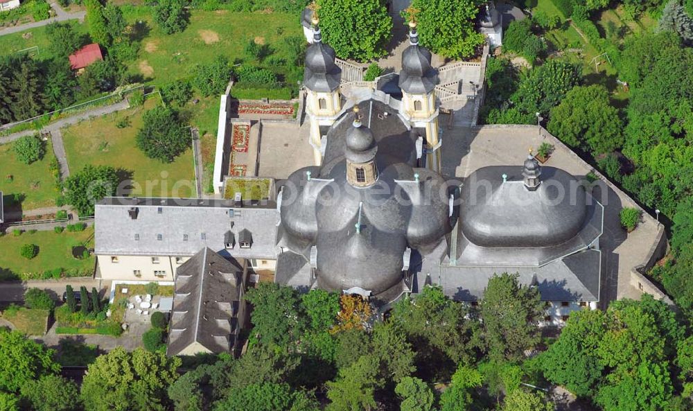 Würzburg from the bird's eye view: Blick auf das Käppele (Kapuzinerkloster) am Nikolausberg/Leutfresserweg. Die Wallfahrtskirche auf dem Nikolausberg wurde nach Plänen von Balthasar Neumann 1748 –1752 unter Einbeziehung einer bereits bestehenden Kapelle erbaut. Tel : 0 931 / 7 26 70; Fax: 0931-7843872 ; eMail: wuerzburg@kapuziner.org; http://