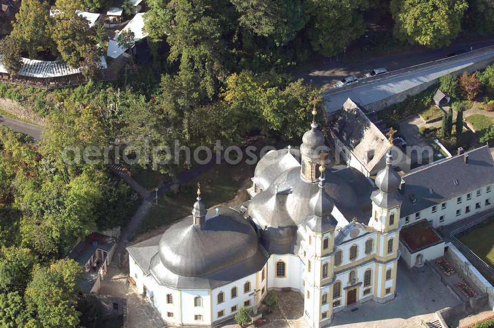 Aerial photograph Würzburg - Blick auf das Kapuzinerkloster Käppele in Würzburg Bayern. Käppele ist der volkstümliche Name einer Wallfahrtskirche in Würzburg, die 1748 von Balthasar Neumann anstelle einer kleinen Holzkapelle errichtet wurde. Diese ging auf einen Bildstock zurück, der 1640 von einem Mainfischer in seinem Weinberg während des Dreißigjährigen Kriegs errichtet wurde. Kontakt: Kapuzinerkloster Käppele Würzburg, Nikolausberg, 97082 Würzburg, Tel. +49(0)931 72670, Fax +49(0)931 7843872