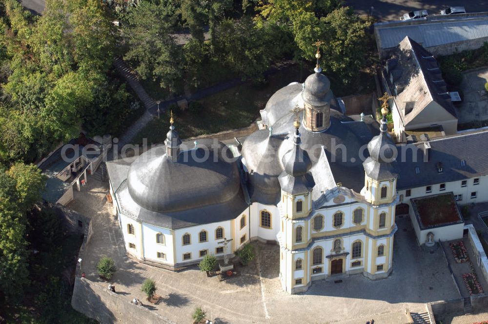 Würzburg from the bird's eye view: Blick auf das Kapuzinerkloster Käppele in Würzburg Bayern. Käppele ist der volkstümliche Name einer Wallfahrtskirche in Würzburg, die 1748 von Balthasar Neumann anstelle einer kleinen Holzkapelle errichtet wurde. Diese ging auf einen Bildstock zurück, der 1640 von einem Mainfischer in seinem Weinberg während des Dreißigjährigen Kriegs errichtet wurde. Kontakt: Kapuzinerkloster Käppele Würzburg, Nikolausberg, 97082 Würzburg, Tel. +49(0)931 72670, Fax +49(0)931 7843872