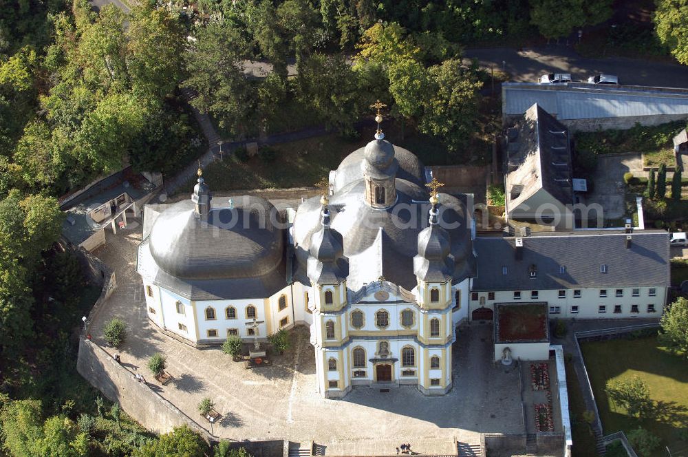 Aerial image Würzburg - Blick auf das Kapuzinerkloster Käppele in Würzburg Bayern. Käppele ist der volkstümliche Name einer Wallfahrtskirche in Würzburg, die 1748 von Balthasar Neumann anstelle einer kleinen Holzkapelle errichtet wurde. Diese ging auf einen Bildstock zurück, der 1640 von einem Mainfischer in seinem Weinberg während des Dreißigjährigen Kriegs errichtet wurde. Kontakt: Kapuzinerkloster Käppele Würzburg, Nikolausberg, 97082 Würzburg, Tel. +49(0)931 72670, Fax +49(0)931 7843872