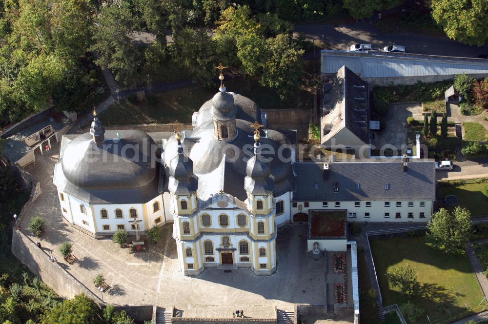 Aerial photograph Würzburg - Blick auf das Kapuzinerkloster Käppele in Würzburg Bayern. Käppele ist der volkstümliche Name einer Wallfahrtskirche in Würzburg, die 1748 von Balthasar Neumann anstelle einer kleinen Holzkapelle errichtet wurde. Diese ging auf einen Bildstock zurück, der 1640 von einem Mainfischer in seinem Weinberg während des Dreißigjährigen Kriegs errichtet wurde. Kontakt: Kapuzinerkloster Käppele Würzburg, Nikolausberg, 97082 Würzburg, Tel. +49(0)931 72670, Fax +49(0)931 7843872