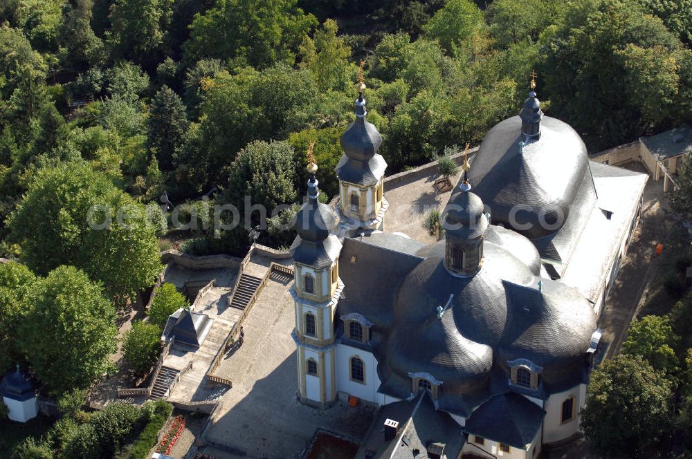 Aerial image Würzburg - Blick auf das Kapuzinerkloster Käppele in Würzburg Bayern. Käppele ist der volkstümliche Name einer Wallfahrtskirche in Würzburg, die 1748 von Balthasar Neumann anstelle einer kleinen Holzkapelle errichtet wurde. Diese ging auf einen Bildstock zurück, der 1640 von einem Mainfischer in seinem Weinberg während des Dreißigjährigen Kriegs errichtet wurde. Kontakt: Kapuzinerkloster Käppele Würzburg, Nikolausberg, 97082 Würzburg, Tel. +49(0)931 72670, Fax +49(0)931 7843872