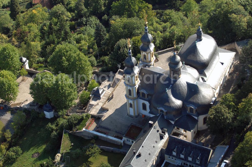 Aerial photograph Würzburg - Blick auf das Kapuzinerkloster Käppele in Würzburg Bayern. Käppele ist der volkstümliche Name einer Wallfahrtskirche in Würzburg, die 1748 von Balthasar Neumann anstelle einer kleinen Holzkapelle errichtet wurde. Diese ging auf einen Bildstock zurück, der 1640 von einem Mainfischer in seinem Weinberg während des Dreißigjährigen Kriegs errichtet wurde. Kontakt: Kapuzinerkloster Käppele Würzburg, Nikolausberg, 97082 Würzburg, Tel. +49(0)931 72670, Fax +49(0)931 7843872