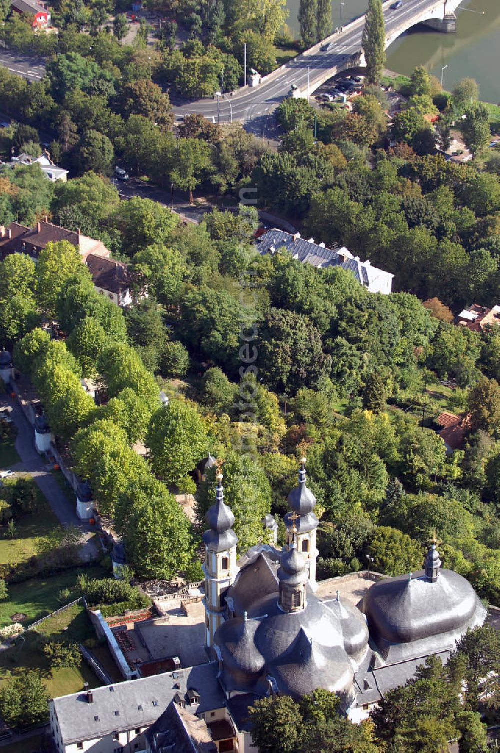 Aerial image Würzburg - Blick auf das Kapuzinerkloster Käppele in Würzburg Bayern. Käppele ist der volkstümliche Name einer Wallfahrtskirche in Würzburg, die 1748 von Balthasar Neumann anstelle einer kleinen Holzkapelle errichtet wurde. Diese ging auf einen Bildstock zurück, der 1640 von einem Mainfischer in seinem Weinberg während des Dreißigjährigen Kriegs errichtet wurde. Kontakt: Kapuzinerkloster Käppele Würzburg, Nikolausberg, 97082 Würzburg, Tel. +49(0)931 72670, Fax +49(0)931 7843872