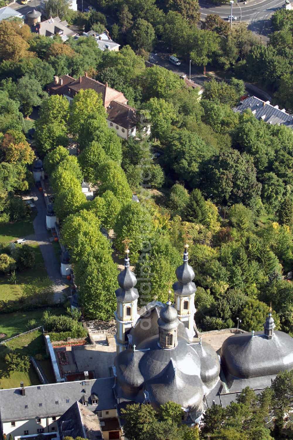 Aerial photograph Würzburg - Blick auf das Kapuzinerkloster Käppele in Würzburg Bayern. Käppele ist der volkstümliche Name einer Wallfahrtskirche in Würzburg, die 1748 von Balthasar Neumann anstelle einer kleinen Holzkapelle errichtet wurde. Diese ging auf einen Bildstock zurück, der 1640 von einem Mainfischer in seinem Weinberg während des Dreißigjährigen Kriegs errichtet wurde. Kontakt: Kapuzinerkloster Käppele Würzburg, Nikolausberg, 97082 Würzburg, Tel. +49(0)931 72670, Fax +49(0)931 7843872