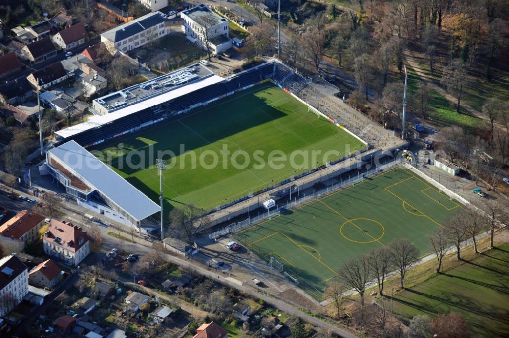 Aerial image Potsdam Babelsberg - Das Karl-Liebknecht-Stadion in Babelsberg. Das Fußball-Stadion ist Heimspielstätte des SV Babelsberg 03 und des 1. FFC Rurbine Potsdam. Site of the rebuilding of the Stadium Karl-Liebknecht in Babelsberg.