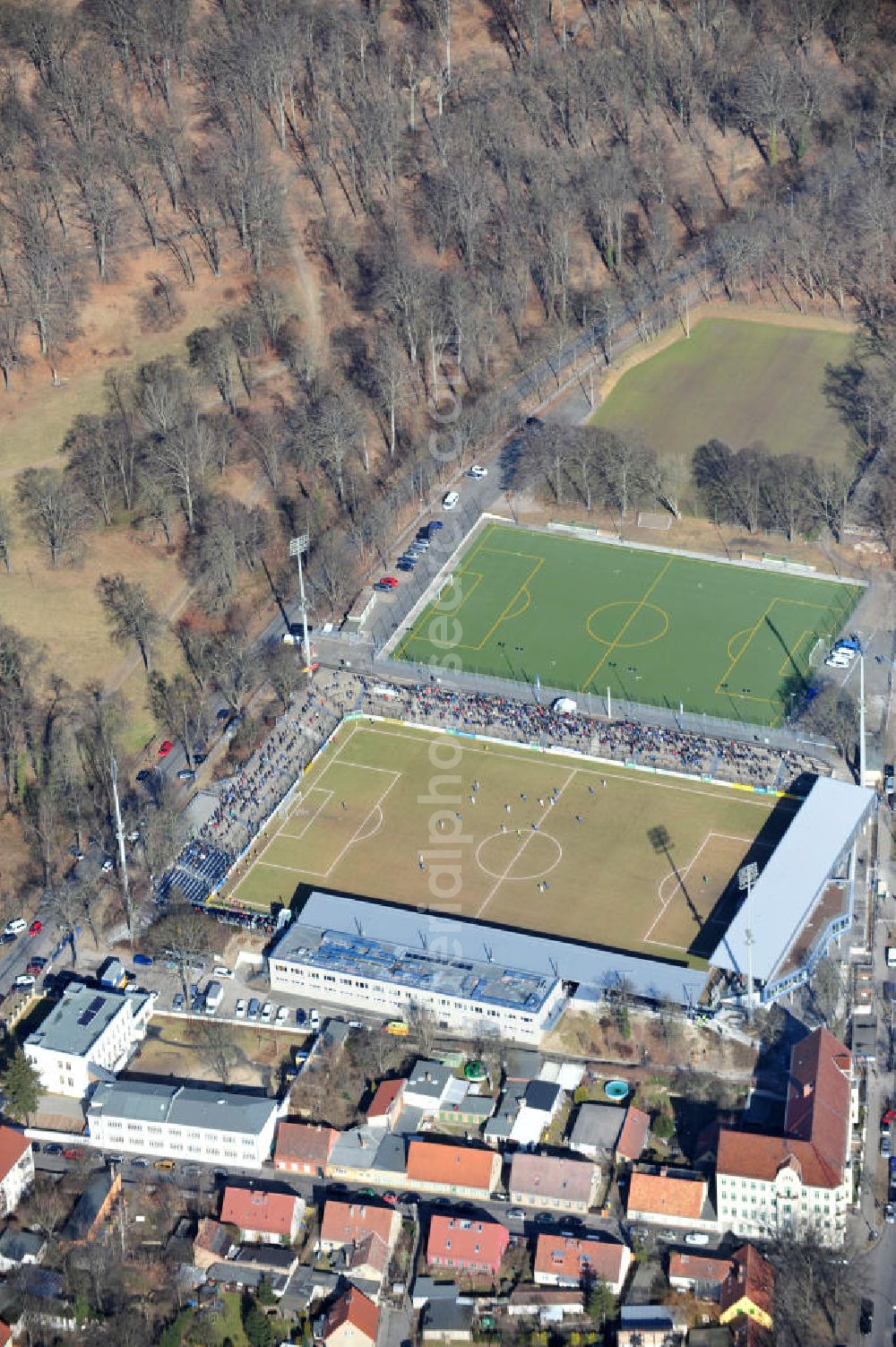 Aerial image Potsdam Babelsberg - The soccer football- Stadium Karl-Liebknecht in Babelsberg