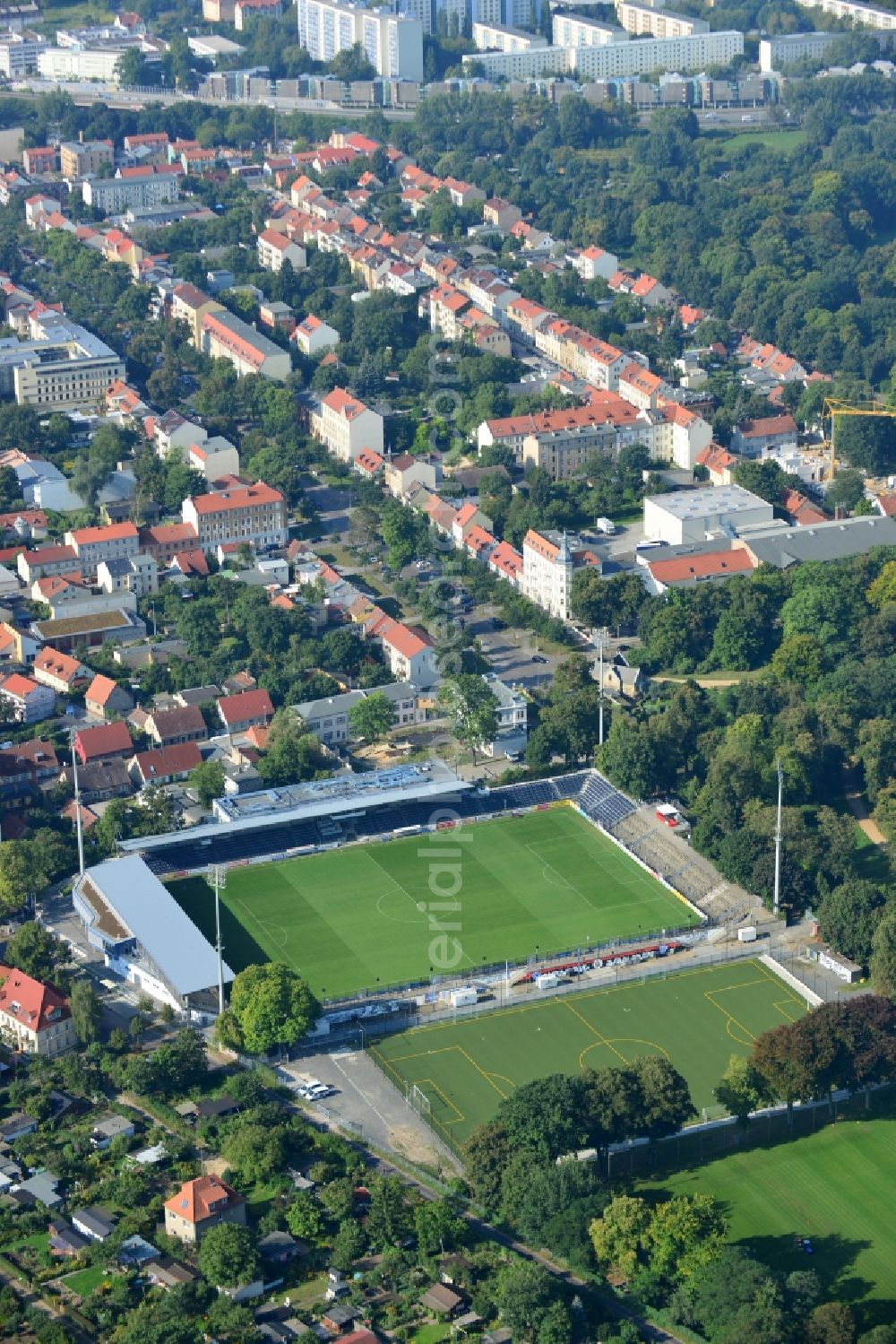 Potsdam from above - The soccer football- Stadium Karl-Liebknecht in Babelsberg