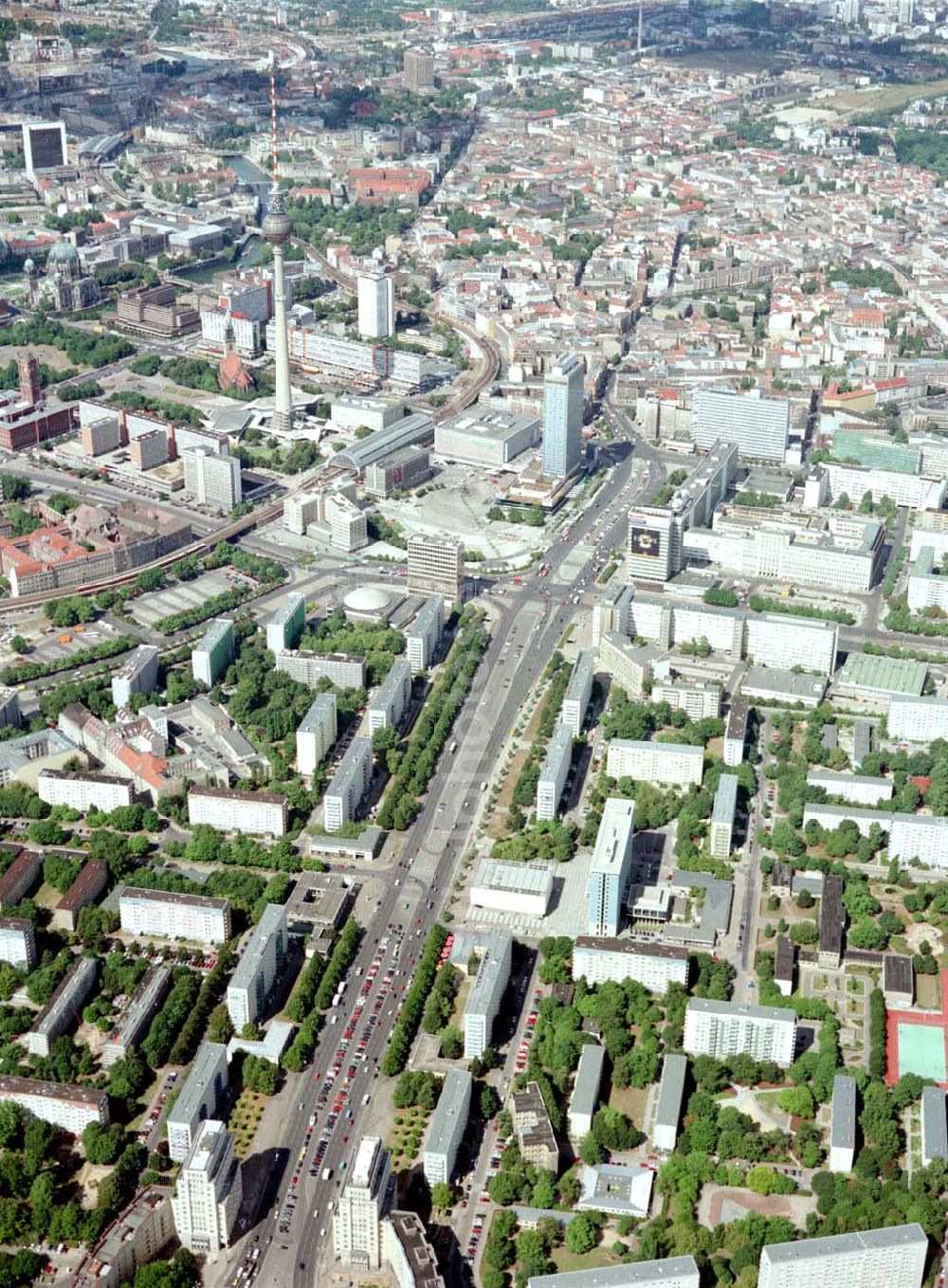 Aerial photograph Berlin - Karl-Marx-Allee mit dem Berliner Fernsehturm im Stadtzentrum von Berlin-Mitte.