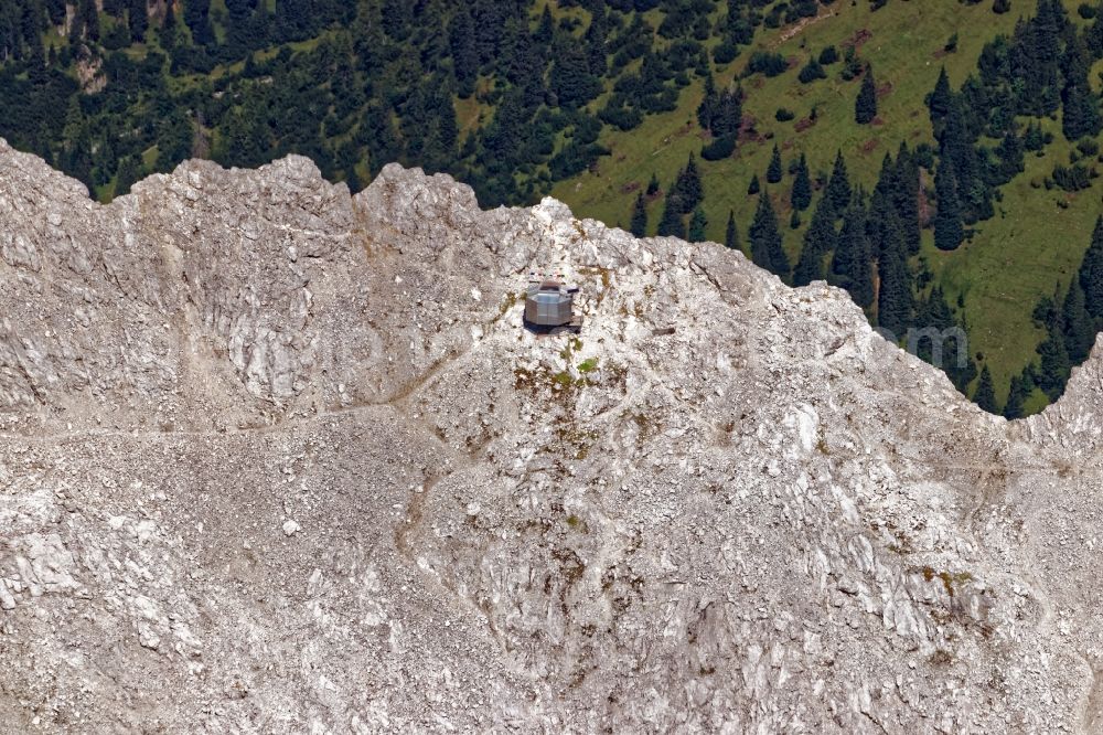 Aerial photograph Hinterriß - Karl-Schuster bivouac shelter in the rocks and mountains of the Karwendel mountains near Hall the state Tyrol, Austria