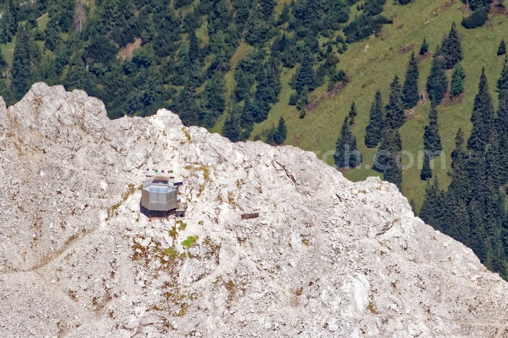 Hinterriß from above - Karl-Schuster bivouac shelter in the rocks and mountains of the Karwendel mountains near Hall the state Tyrol, Austria