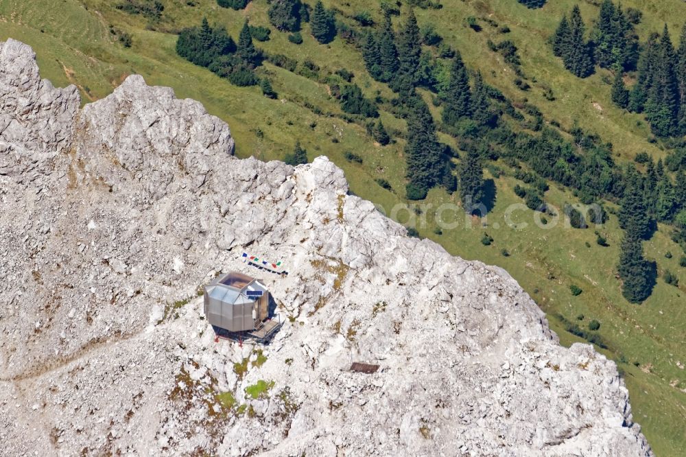 Hinterriß from the bird's eye view: Karl-Schuster bivouac shelter in the rocks and mountains of the Karwendel mountains near Hall the state Tyrol, Austria