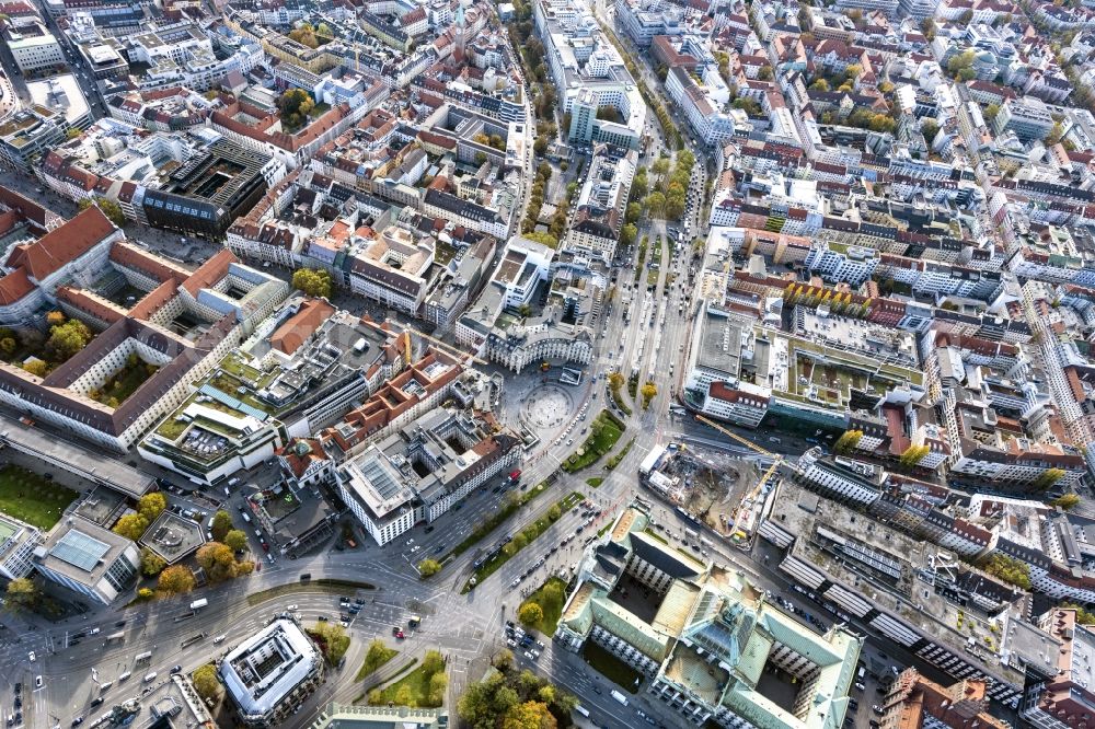 München from the bird's eye view: Karlsplatz- Stachus place in downtown Munich in the state Bavaria