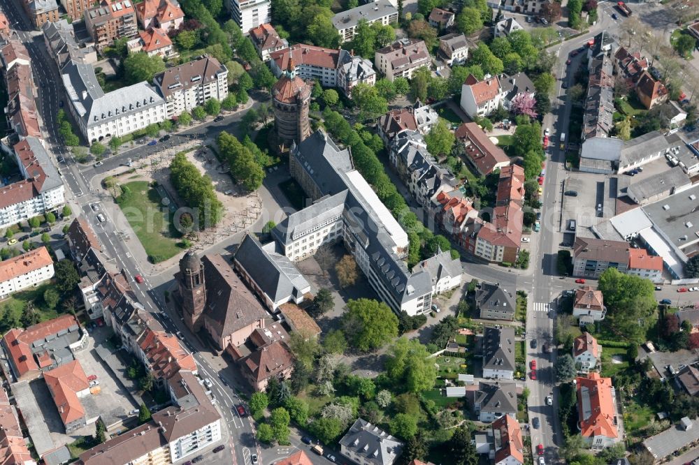 Aerial photograph Worms - View over the Karlsplatz at the Wasserturm, the Lutherchurch and the Eleonoren High School in Worms in Rhineland-Palatine