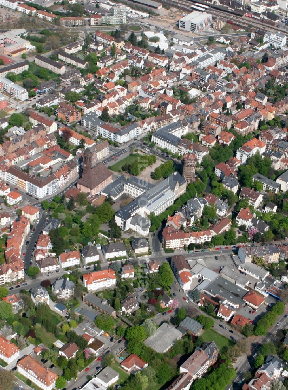 Worms from above - View over the Karlsplatz at the Wasserturm, the Lutherchurch and the Eleonoren High School in Worms in Rhineland-Palatine