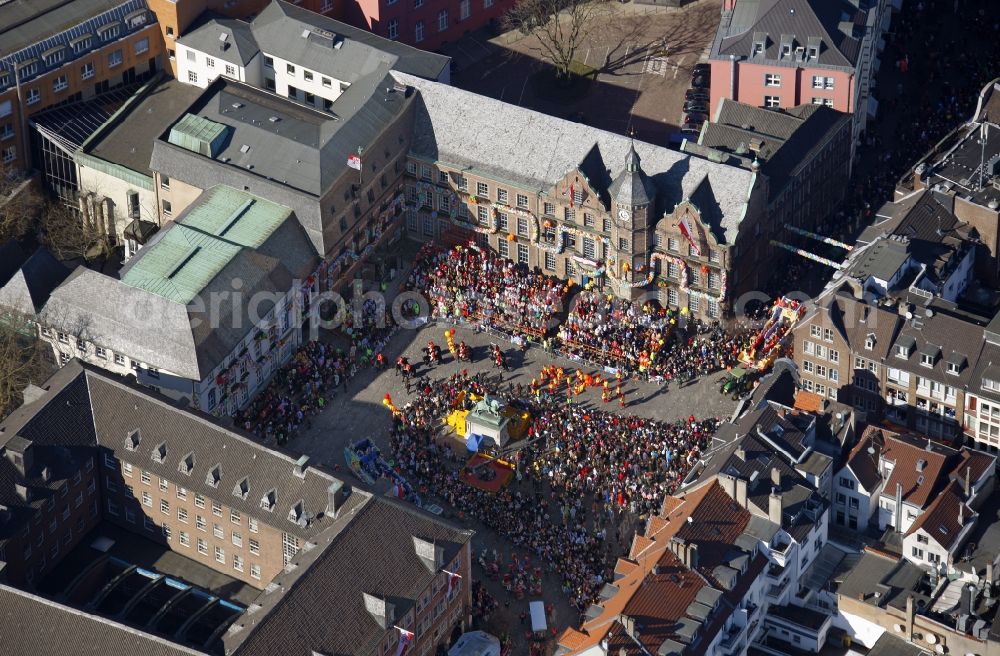 Düsseldorf from above - Carnival parade on Historic City Hall in the Old Town in Dusseldorf in North Rhine-Westphalia