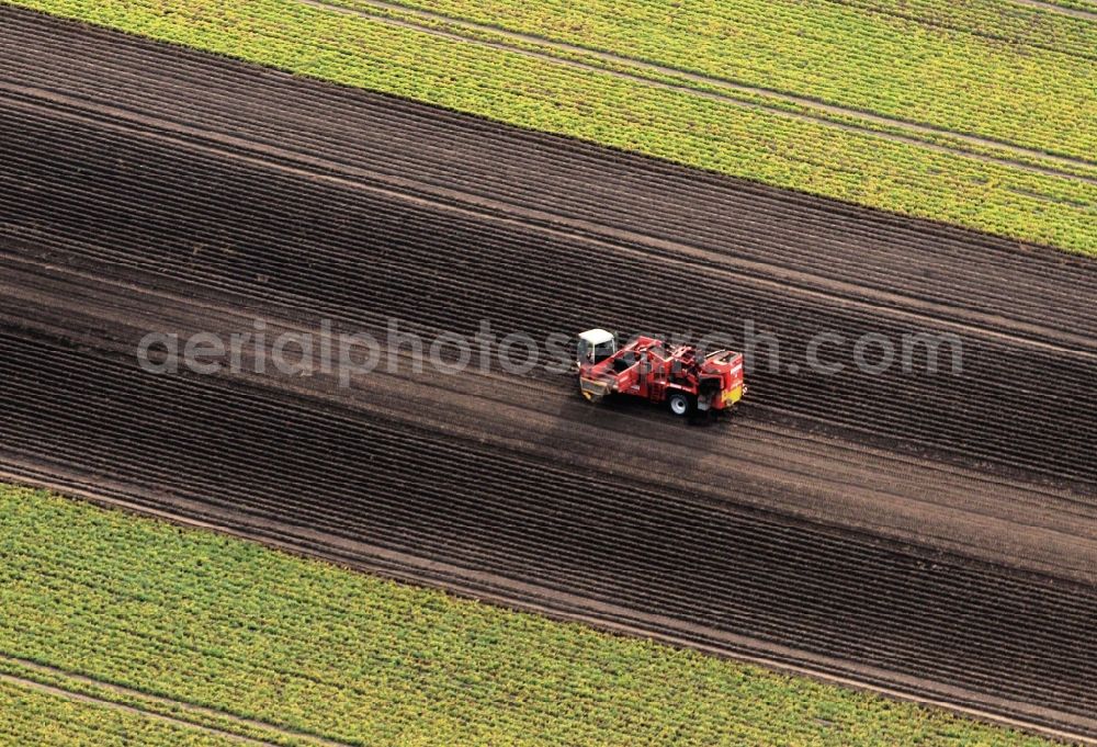 Aerial image Nottleben - Tractor with potato harvester at potato harvest on a field in Nottleben in Thuringia