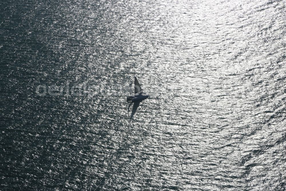 Aerial image Dubai - Catamaran is sailing off the coast of Dubai in the United Arab Emirates