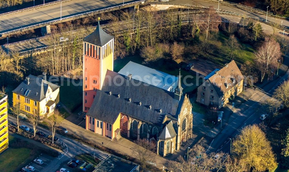 Hagen from above - Church building Kath. Kirchengemeinde Herz Jesu Eilper Strasse in the district Dahl in Hagen in the state North Rhine-Westphalia, Germany