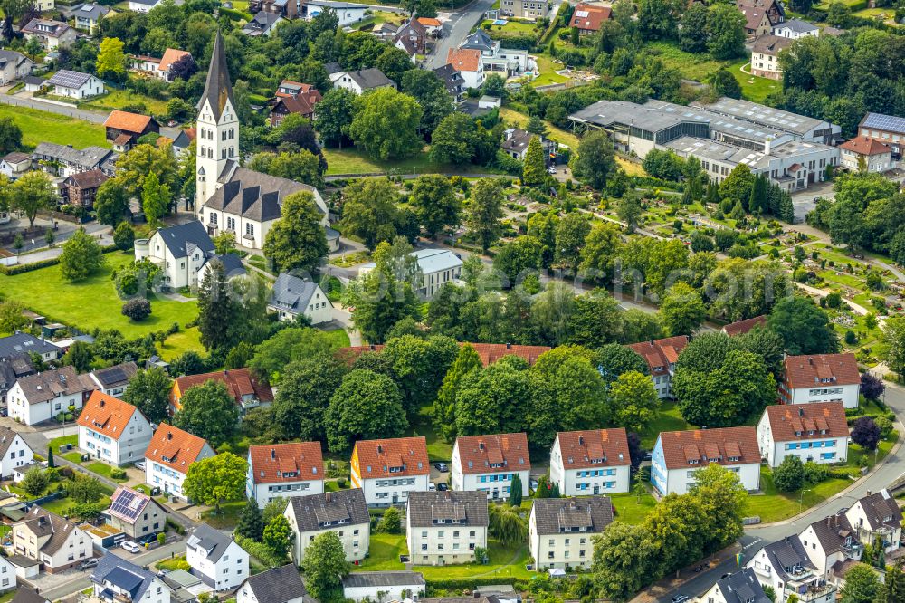 Aerial photograph Wickede (Ruhr) - Aerial view of the catholic parish church Saint Anthony of Padua and catholic cemetery in Wickede (Ruhr) in the German state North Rhine-Westphalia, Germany