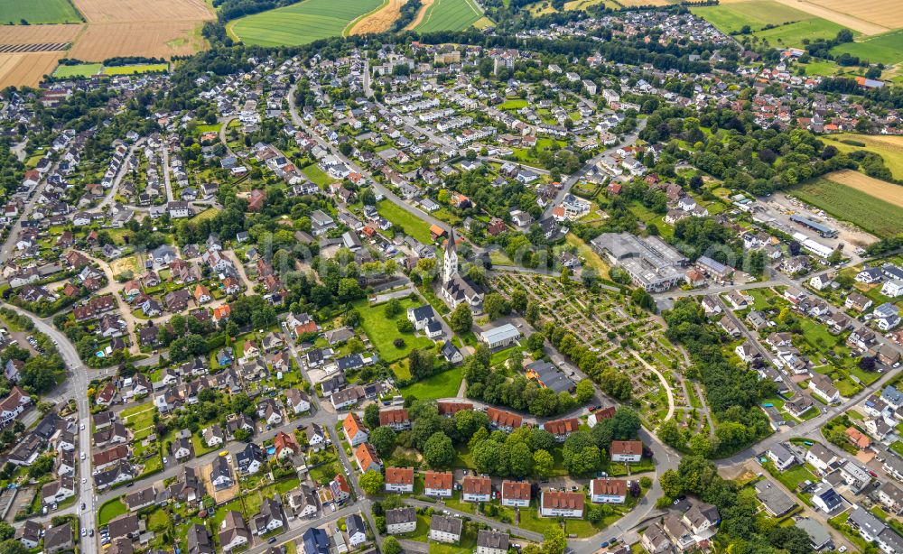 Aerial photograph Wickede (Ruhr) - Aerial view of the catholic parish church Saint Anthony of Padua and catholic cemetery in Wickede (Ruhr) in the German state North Rhine-Westphalia, Germany