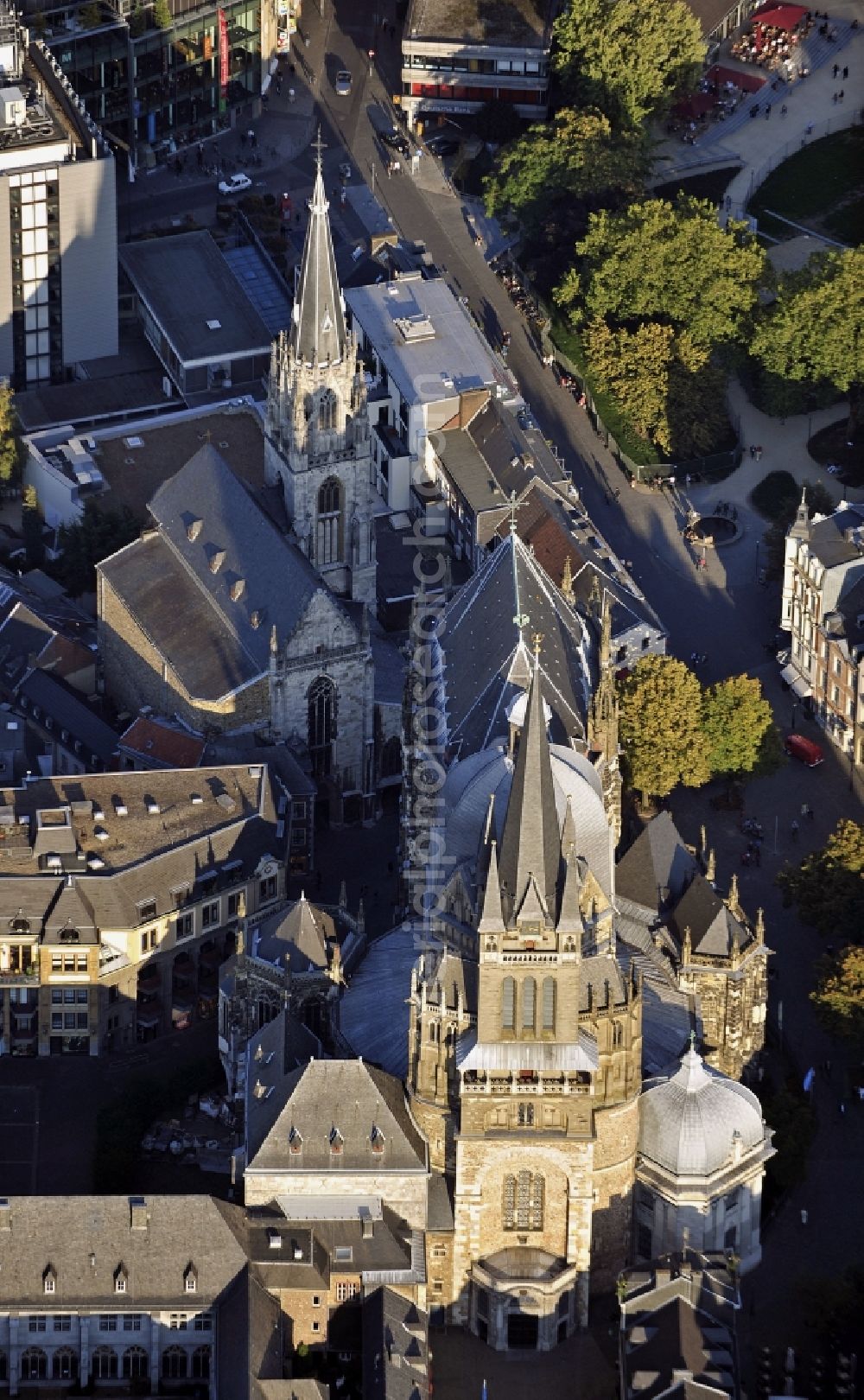 Aachen from above - Church building of the cathedral of Aachener Dom on Domhof in Aachen in the state North Rhine-Westphalia, Germany