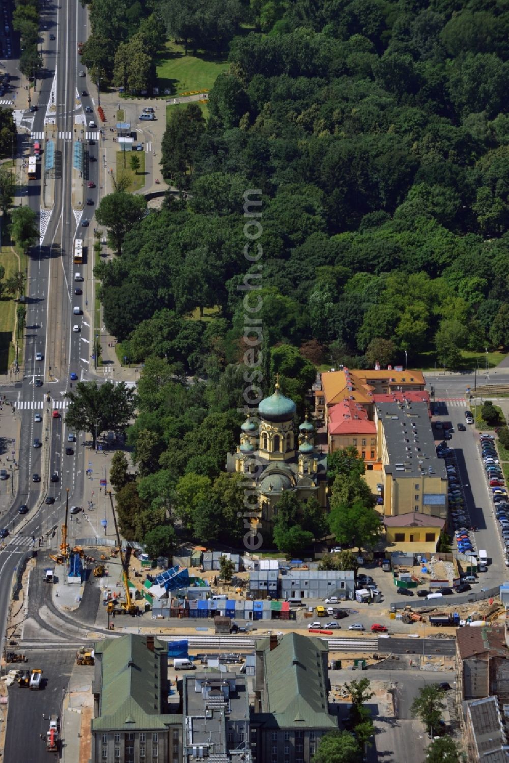 Warschau from above - The cathedral of Saint Mary Magdalene on the Targowa street in the Praga Polnoc district of Warsaw in Poland. The distinct church from the 19th century is located on the street where construction work is taking place