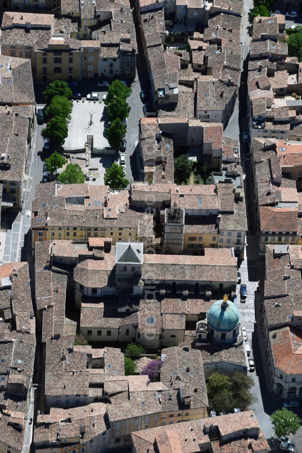 Apt from above - Church building of the cathedral of Cathédrale Sainte-Anne in Apt in Provence-Alpes-Cote d'Azur, France