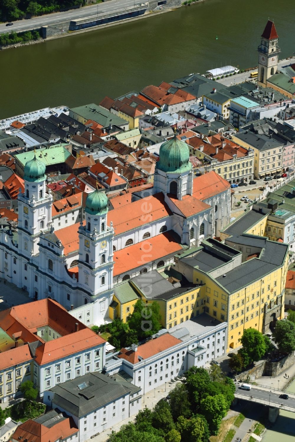 Aerial image Passau - Church building of the cathedral of - Dom St. Stephan on Domplatz in Passau in the state Bavaria, Germany