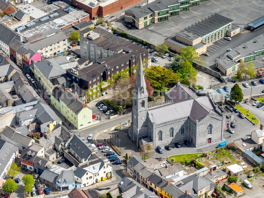 Aerial image Ennis - Church building of the cathedral of in Ennis in Clare, Ireland