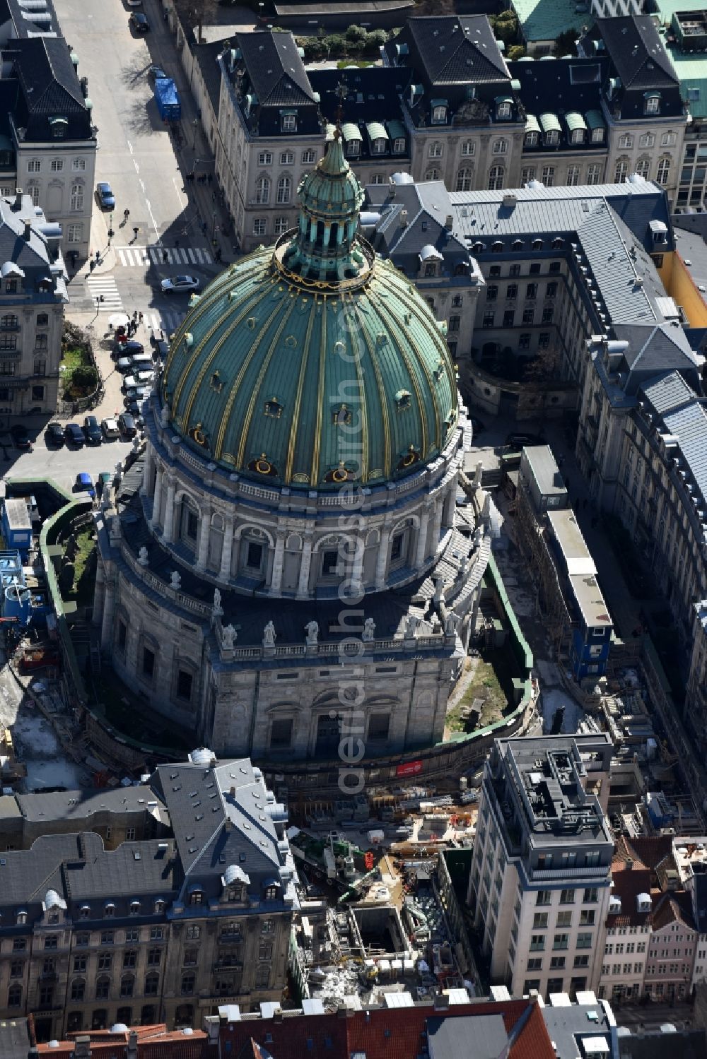 Kopenhagen from the bird's eye view: Church building of the cathedral of Frederiks Kirke on Frederiksgade in Copenhagen in Region Hovedstaden, Denmark